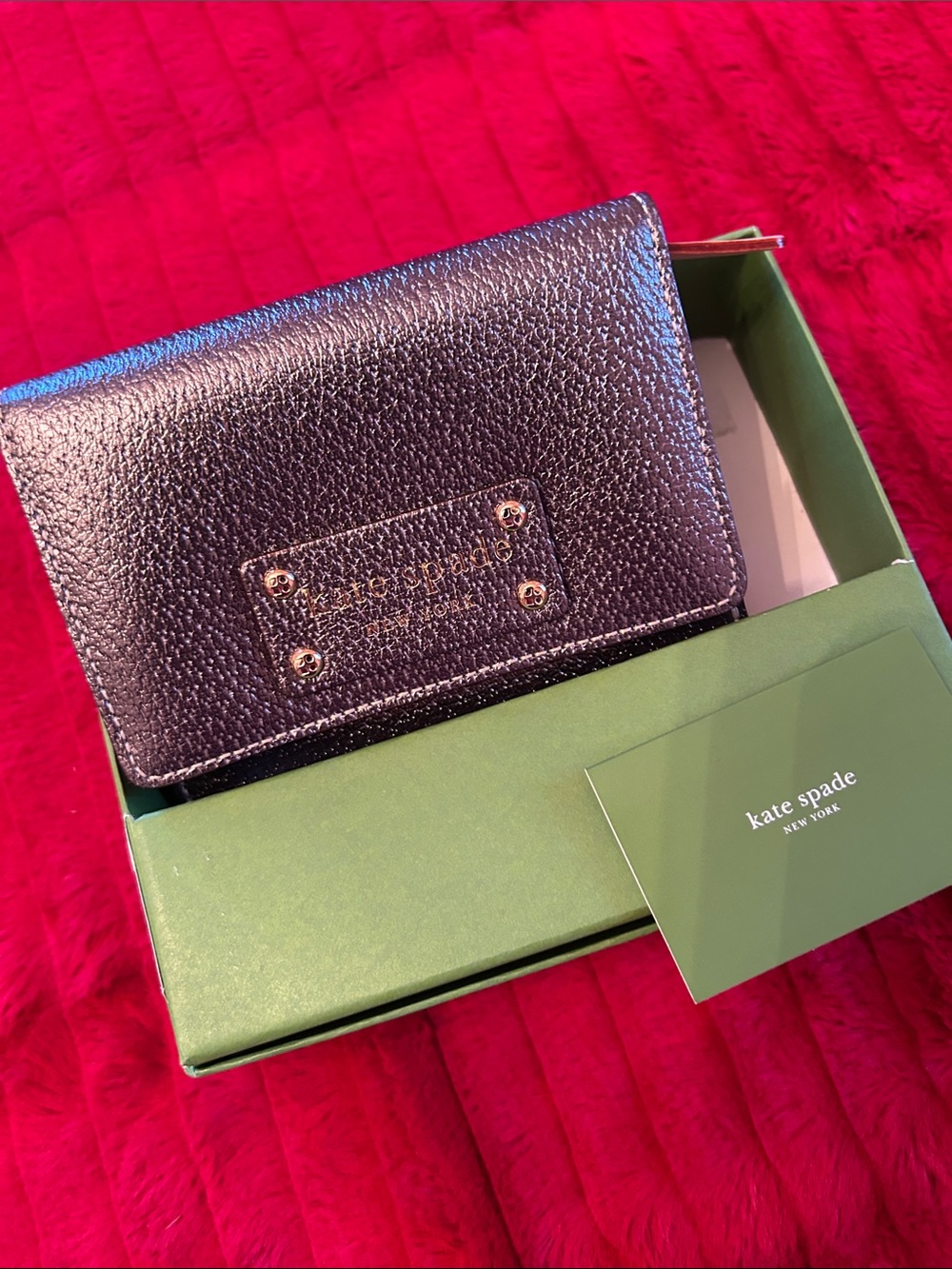 kate spade Metallic Pewter Leather Wallet with Gold Logo